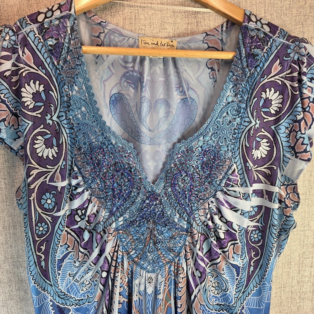 One World Live Let Live Boho Blue Purple Paisley Fairy Beaded Top Med Y2K Tunic